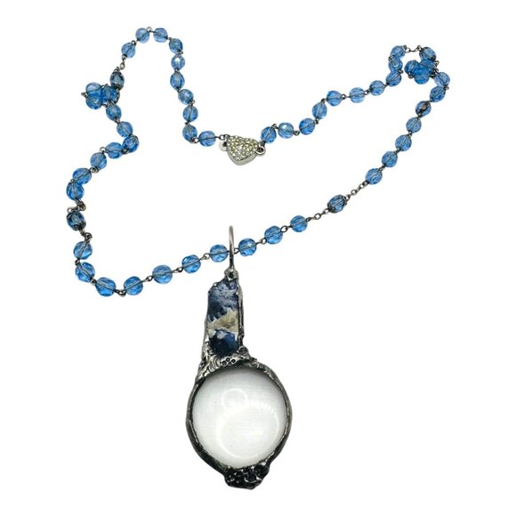 Natural Blue Opal & Magnifying Glass Silver Blend  Glass Beaded Artisan Necklace - Picture 5 of 11